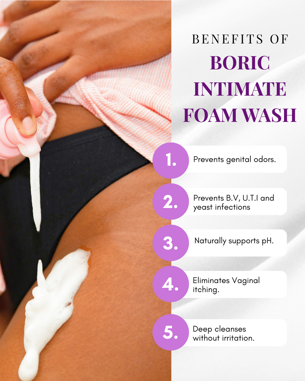 Boric Intimate Foam Wash - Gentle Vaginal Cleanser for pH Balance, BV, Yeast, Itching & Odor Support