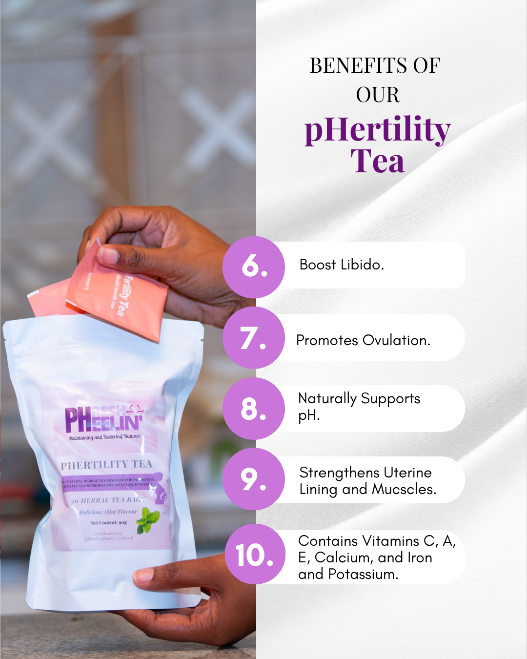 The pHresh pHeelin' pHertility Tea packaging with a hand holding a tea bag and listed benefits on the right.