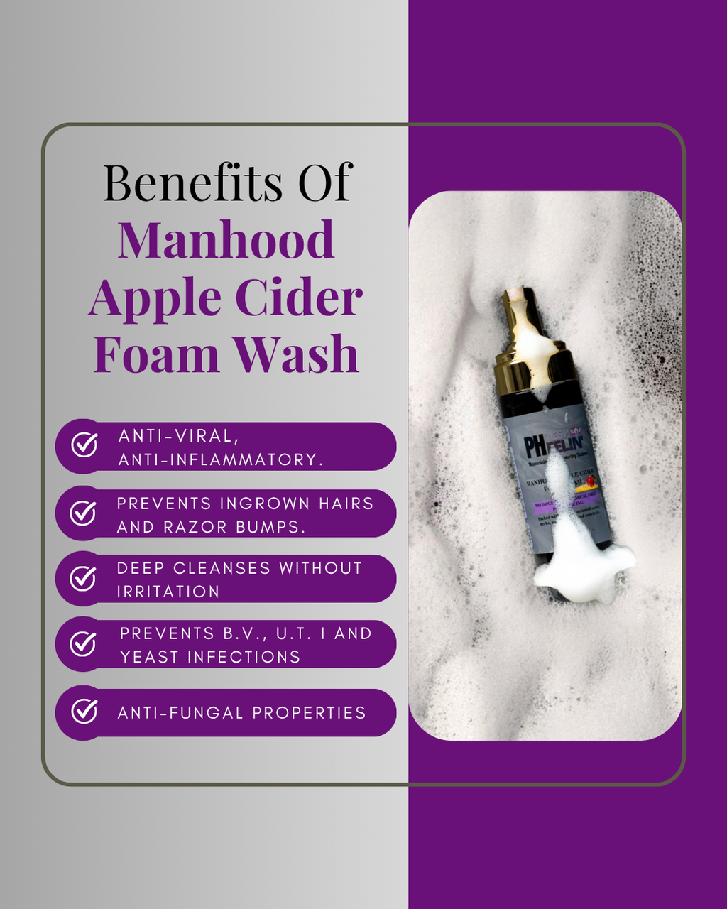 Manhood Apple Cider Foam Wash -Natural Men's Intimate Wash with Tea Tree Oil - Rids Bad Odor, Itching, Irritation & pH Balancing