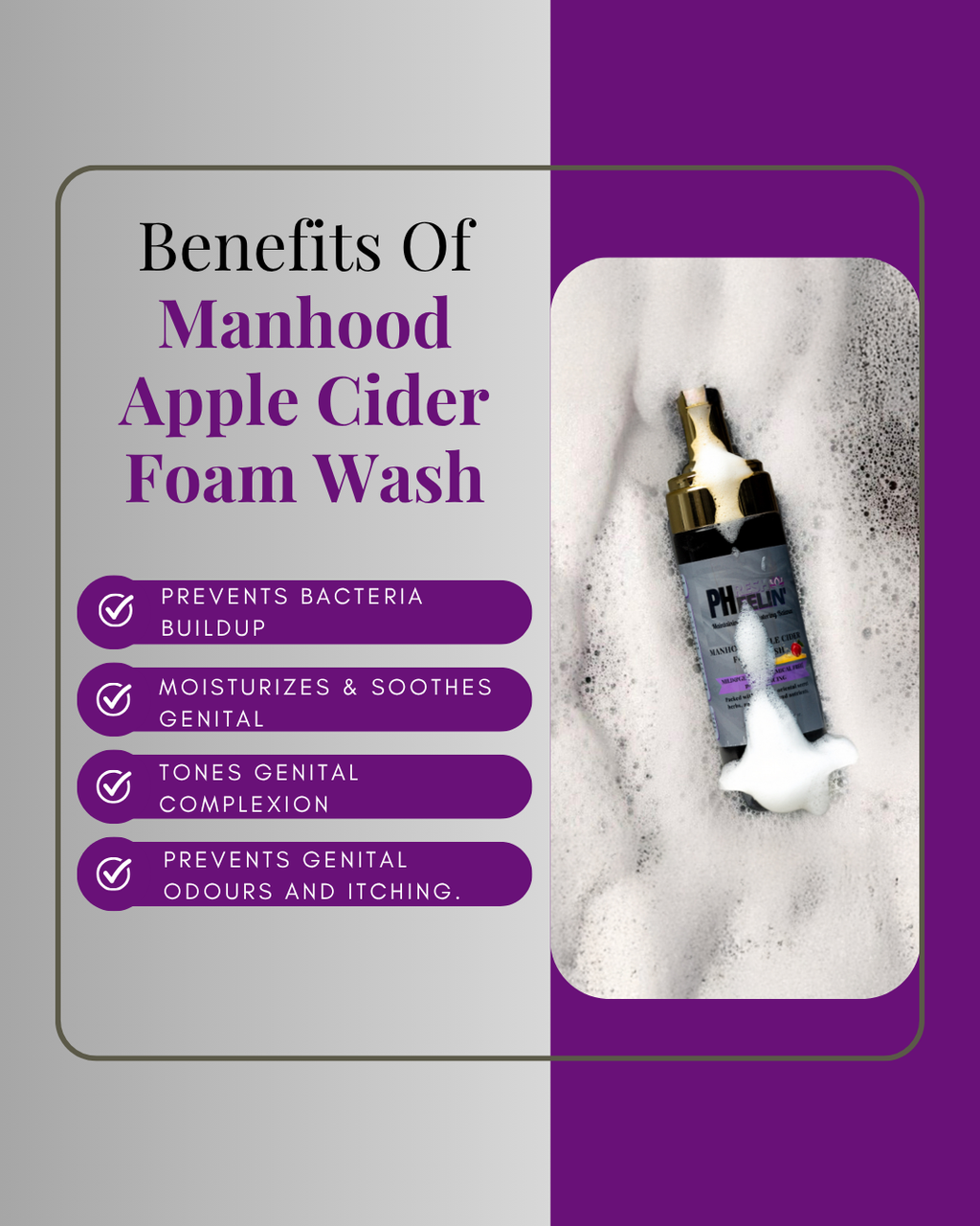 Manhood Apple Cider Foam Wash -Natural Men's Intimate Wash with Tea Tree Oil - Rids Bad Odor, Itching, Irritation & pH Balancing