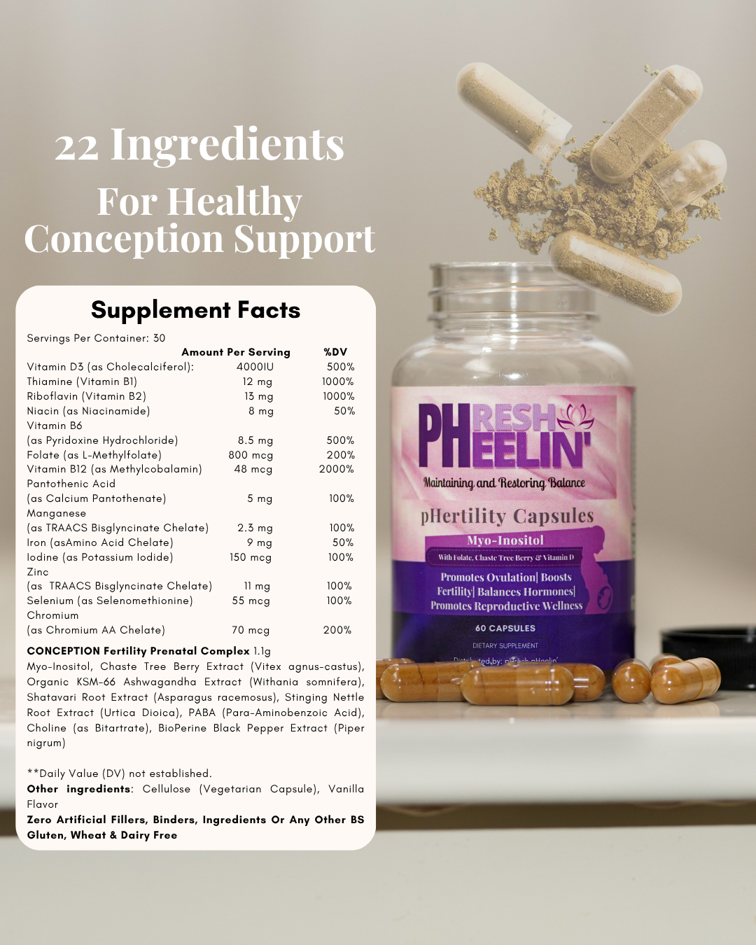 Supplement bottle labeled pHresh pHeelin' with ingredients for healthy conception support on a neutral background.