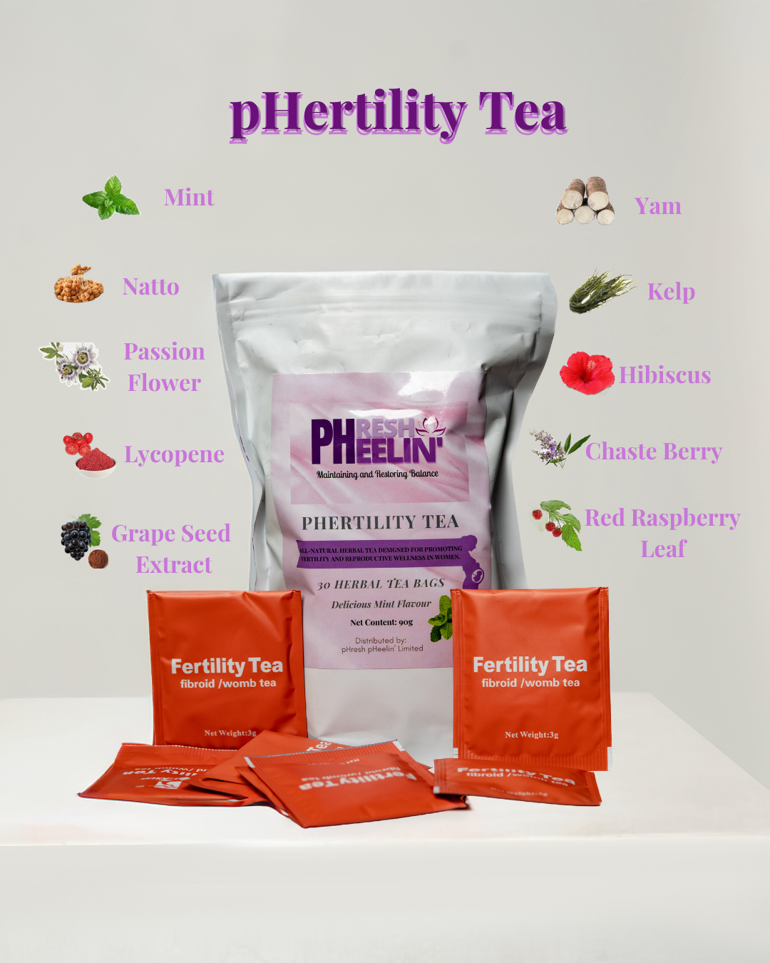 pHertility Tea packaging with ingredients listed on a white background