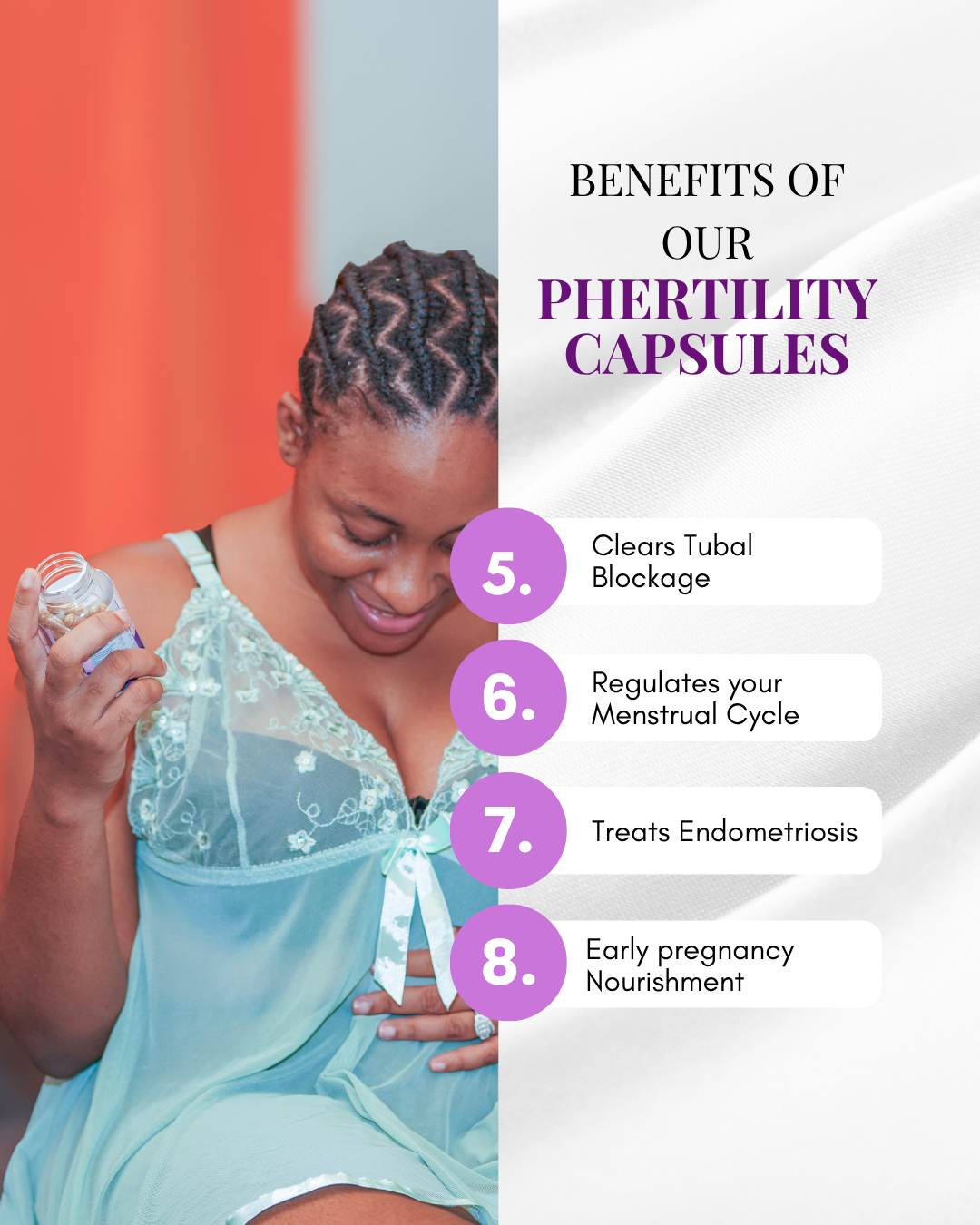 A woman holding a bottle of pHertility Capsules with listed benefits on a white background