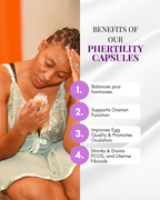 A woman holding a container of pHertility Capsules with benefits listed on the right.