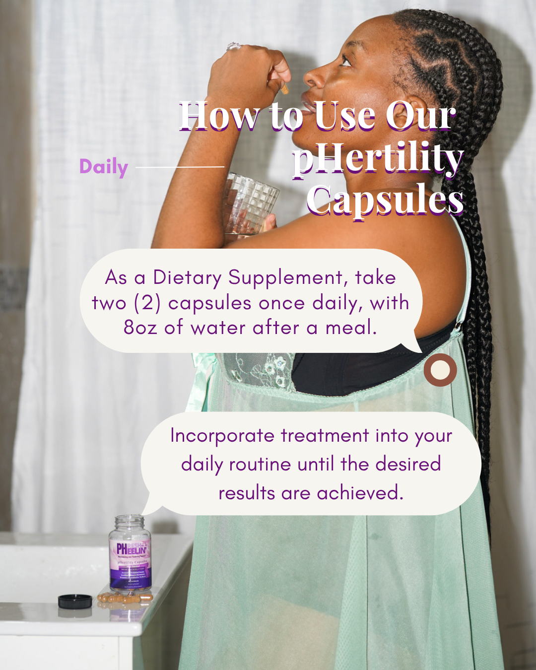 A pregnant woman holding a glass of water with text about pHertility Capsules usage.